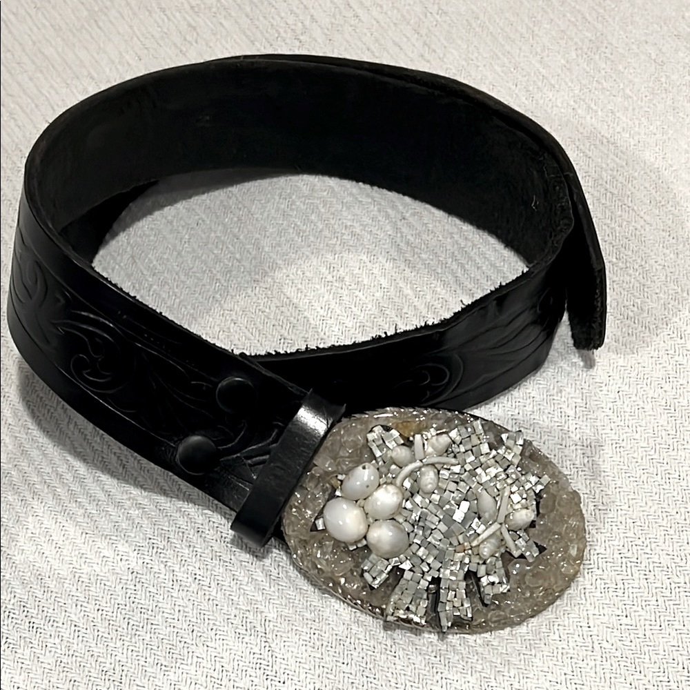 Black Leather BELT Large w Stunning Big CRYSTAL White SHELL GLASS Buckle Vintage